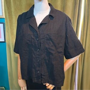 Linen Blend Black Button-Up Short Sleeve Shirt two pockets cropped oversized